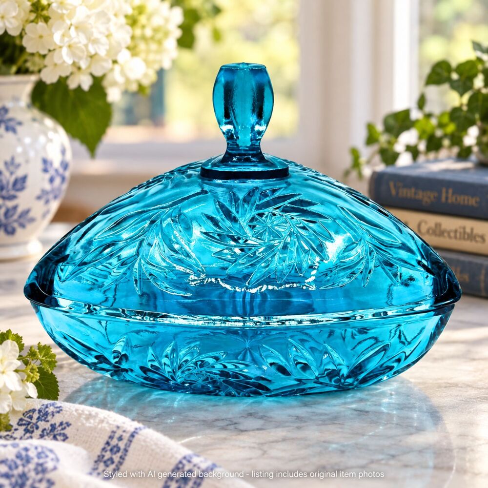 Vintage Hazel Atlas Triangle Candy Dish Capri Blue Glass Lidded Pinwheel MCM
